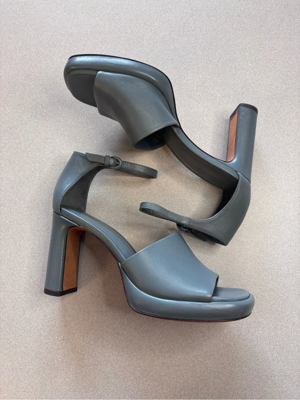 Vince Amara Gray Ankle-Strap Platform Block Heels Modern Minimalist